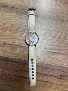 Coach Beige Patent Leather Watch with Multicolor Graphic Dial